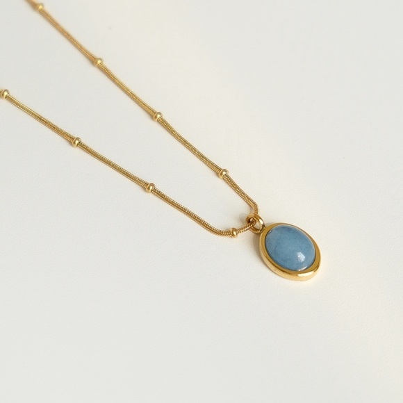 Natural Blue Stone Beaded Chain Necklace | Gold Plated Stainless Steel - Picture 2 of 5